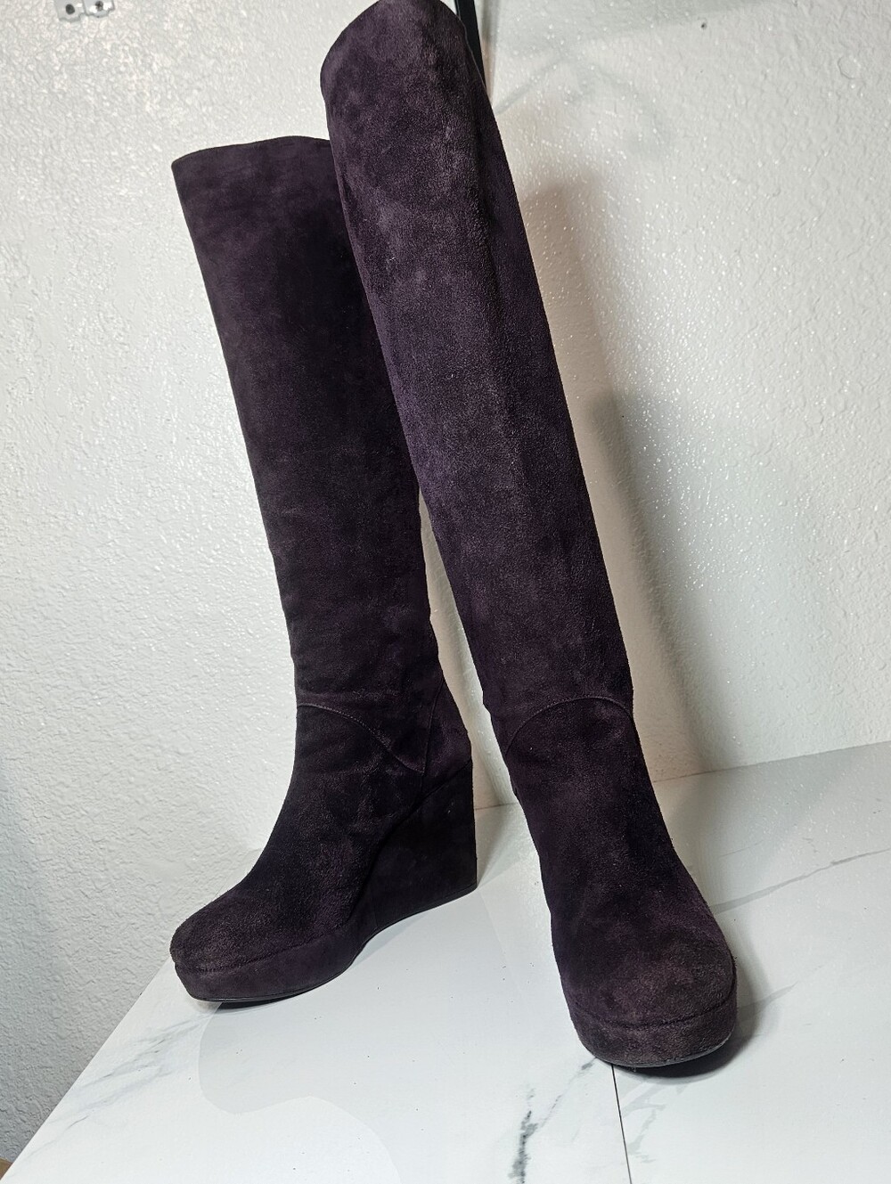 Stuart Weitzman Purple plum Full Suede Pull On Covered Wedge Boots